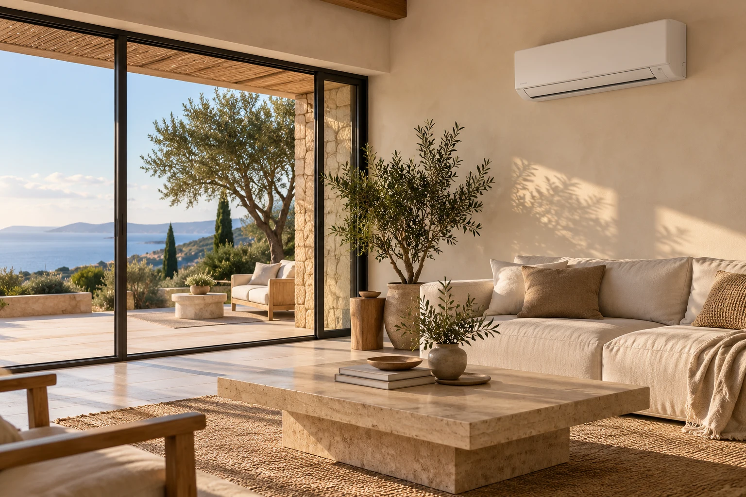 Pièce de vie lumineuse avec climatisation murale et ouverture sur une terrasse méditerranéenne